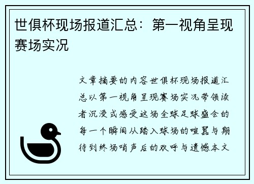 世俱杯现场报道汇总：第一视角呈现赛场实况